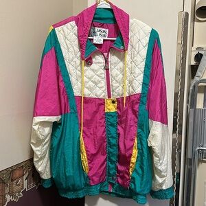 Vintage women’s windbreaker size Large  fun for retro party pink green white